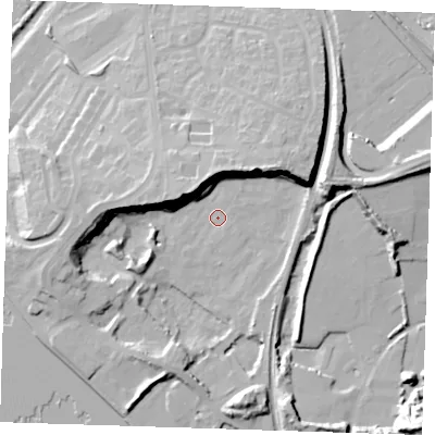 Shaded relief map of the ground around RM191LE, computed from Environment Agency LiDAR. The ground here sits at about 2 m above sea level and falls 21 m across the surrounding 800 m. Surface water reaching this point runs off ground lying to the west-north-west, 18.9 m higher.
