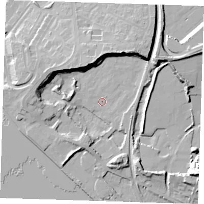 Shaded relief map of the ground around RM191LF, computed from Environment Agency LiDAR. The ground here sits at about 3 m above sea level and falls 21 m across the surrounding 800 m. Surface water reaching this point runs off ground lying to the north-north-west, 18.9 m higher.