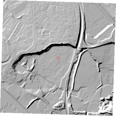 Shaded relief map of the ground around RM191LG, computed from Environment Agency LiDAR. The ground here sits at about 2 m above sea level and falls 24 m across the surrounding 800 m. Surface water reaching this point runs off ground lying to the west-north-west, 18.9 m higher.