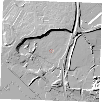 Shaded relief map of the ground around RM191LH, computed from Environment Agency LiDAR. The ground here sits at about 3 m above sea level and falls 22 m across the surrounding 800 m. Surface water reaching this point runs off ground lying to the north-west, 18.9 m higher.