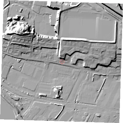 Shaded relief map of the ground around RM191LN, computed from Environment Agency LiDAR. The ground here sits at about 4 m above sea level and falls 29 m across the surrounding 800 m. Surface water reaching this point runs off ground lying to the north-north-east, 17.9 m higher.