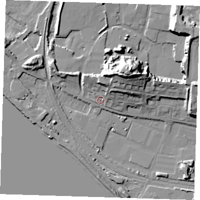 Shaded relief map of the ground around RM191NB, computed from Environment Agency LiDAR. The ground here sits at about 5 m above sea level and falls 28 m across the surrounding 800 m. Surface water reaching this point runs off ground lying to the north-north-east, 18.0 m higher.