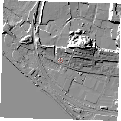 Shaded relief map of the ground around RM191NF, computed from Environment Agency LiDAR. The ground here sits at about 4 m above sea level and falls 28 m across the surrounding 800 m. Surface water reaching this point runs off ground lying to the north-east, 17.9 m higher.
