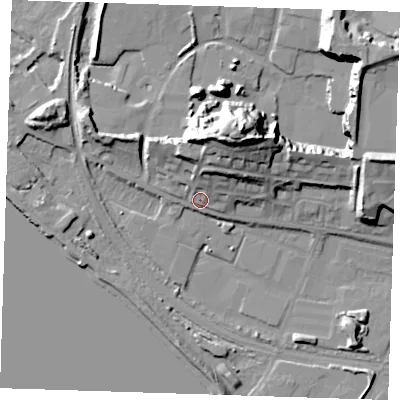 Shaded relief map of the ground around RM191NH, computed from Environment Agency LiDAR. The ground here sits at about 5 m above sea level and falls 28 m across the surrounding 800 m. Surface water reaching this point runs off ground lying to the north-east, 10.5 m higher.
