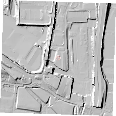 Shaded relief map of the ground around RM191NR, computed from Environment Agency LiDAR. The ground here sits at about 4 m above sea level and falls 25 m across the surrounding 800 m. Surface water reaching this point runs off ground lying to the east, 0.7 m higher.
