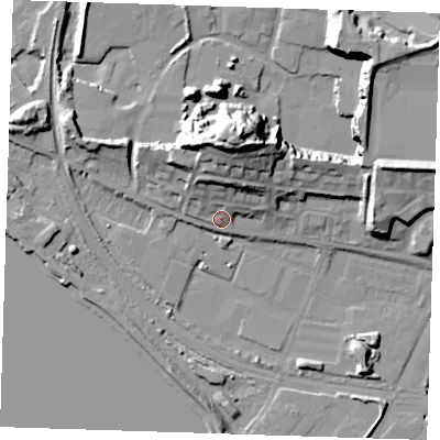 Shaded relief map of the ground around RM191NT, computed from Environment Agency LiDAR. The ground here sits at about 5 m above sea level and falls 29 m across the surrounding 800 m. Surface water reaching this point runs off ground lying to the north, 11.4 m higher.