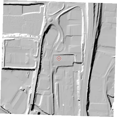 Shaded relief map of the ground around RM191NZ, computed from Environment Agency LiDAR. The ground here sits at about 3 m above sea level and falls 27 m across the surrounding 800 m. Surface water reaching this point runs off ground lying to the north-east, 2.3 m higher.