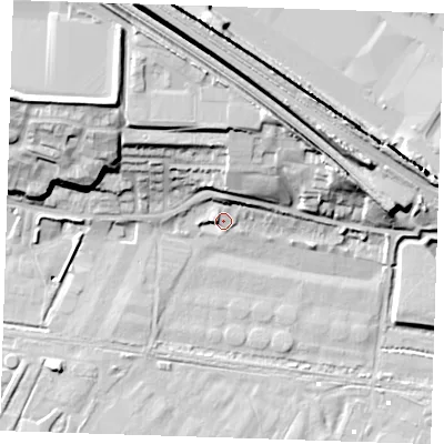 Shaded relief map of the ground around RM191PD, computed from Environment Agency LiDAR. The ground here sits at about 3 m above sea level and falls 22 m across the surrounding 800 m. Surface water reaching this point runs off ground lying to the north-north-east, 5.2 m higher.