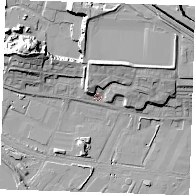 Shaded relief map of the ground around RM191PG, computed from Environment Agency LiDAR. The ground here sits at about 4 m above sea level and falls 29 m across the surrounding 800 m. Surface water reaching this point runs off ground lying to the north-north-east, 17.7 m higher.
