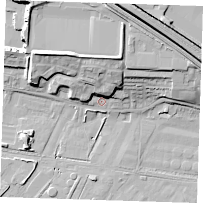 Shaded relief map of the ground around RM191PJ, computed from Environment Agency LiDAR. The ground here sits at about 4 m above sea level and falls 23 m across the surrounding 800 m. Surface water reaching this point runs off ground lying to the north-north-east, 11.8 m higher.