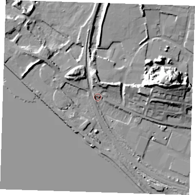 Shaded relief map of the ground around RM191PL, computed from Environment Agency LiDAR. The ground here sits at about 3 m above sea level and falls 28 m across the surrounding 800 m. Surface water reaching this point runs off ground lying to the north-west, 10.8 m higher.