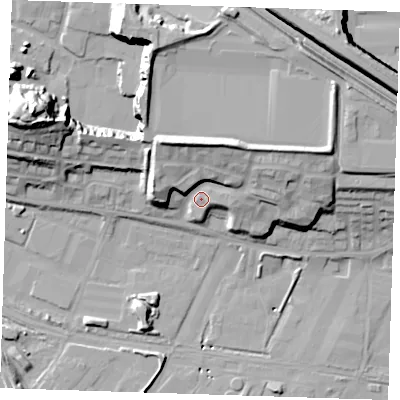 Shaded relief map of the ground around RM191PQ, computed from Environment Agency LiDAR. The ground here sits at about 9 m above sea level and falls 29 m across the surrounding 800 m. Surface water reaching this point runs off ground lying to the north-north-east, 14.7 m higher.