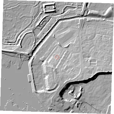 Shaded relief map of the ground around RM191QQ, computed from Environment Agency LiDAR. The ground here sits at about 8 m above sea level and falls 21 m across the surrounding 800 m. Surface water reaching this point runs off ground lying to the south, 8.5 m higher.