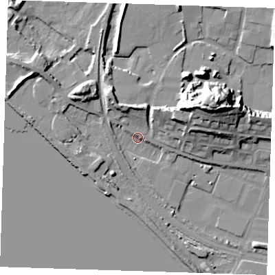 Shaded relief map of the ground around RM191QT, computed from Environment Agency LiDAR. The ground here sits at about 3 m above sea level and falls 28 m across the surrounding 800 m. Surface water reaching this point runs off ground lying to the east-north-east, 20.8 m higher.