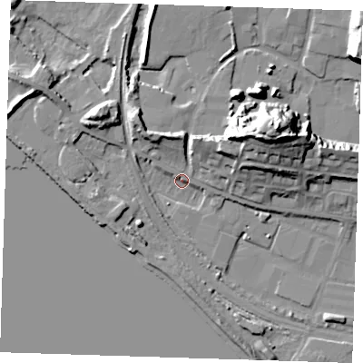 Shaded relief map of the ground around RM191QU, computed from Environment Agency LiDAR. The ground here sits at about 3 m above sea level and falls 28 m across the surrounding 800 m. Surface water reaching this point runs off ground lying to the north-east, 20.6 m higher.