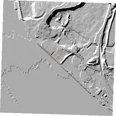 Shaded relief map of the ground around RM191QW, computed from Environment Agency LiDAR. The ground here sits at about 6 m above sea level and falls 20 m across the surrounding 800 m. Surface water reaching this point runs off ground lying to the east-north-east, 5.4 m higher.