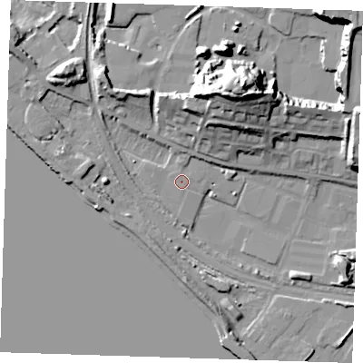 Shaded relief map of the ground around RM191QY, computed from Environment Agency LiDAR. The ground here sits at about 2 m above sea level and falls 28 m across the surrounding 800 m. The ground contributing surface water to this point lies to the south.