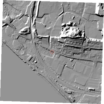Shaded relief map of the ground around RM191RA, computed from Environment Agency LiDAR. The ground here sits at about 2 m above sea level and falls 28 m across the surrounding 800 m. Surface water reaching this point runs off ground lying to the north-east, 20.6 m higher.