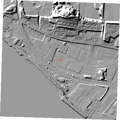 Shaded relief map of the ground around RM191RE, computed from Environment Agency LiDAR. The ground here sits at about 1 m above sea level and falls 28 m across the surrounding 800 m. Surface water reaching this point runs off ground lying to the north, 21.0 m higher.