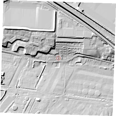 Shaded relief map of the ground around RM191RJ, computed from Environment Agency LiDAR. The ground here sits at about 4 m above sea level and falls 23 m across the surrounding 800 m. Surface water reaching this point runs off ground lying to the north-north-west, 13.5 m higher.