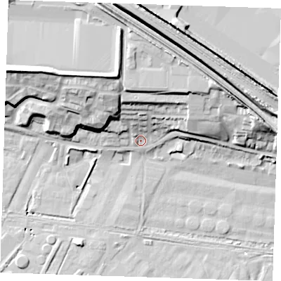 Shaded relief map of the ground around RM191RL, computed from Environment Agency LiDAR. The ground here sits at about 4 m above sea level and falls 23 m across the surrounding 800 m. Surface water reaching this point runs off ground lying to the north-north-west, 16.5 m higher.