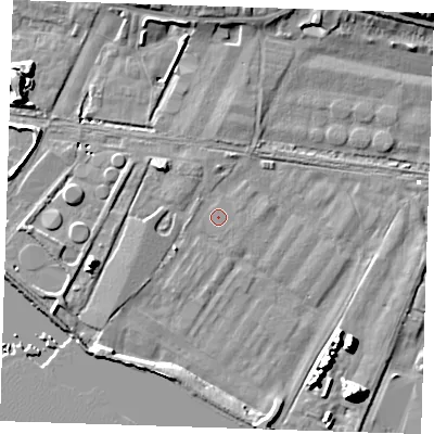 Shaded relief map of the ground around RM191RP, computed from Environment Agency LiDAR. The ground here sits at about 1 m above sea level and falls 11 m across the surrounding 800 m. Surface water reaching this point runs off ground lying to the south-west, 1.6 m higher.