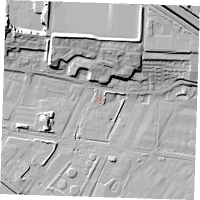 Shaded relief map of the ground around RM191RS, computed from Environment Agency LiDAR. The ground here sits at about 2 m above sea level and falls 23 m across the surrounding 800 m. Surface water reaching this point runs off ground lying to the north-north-east, 18.0 m higher.