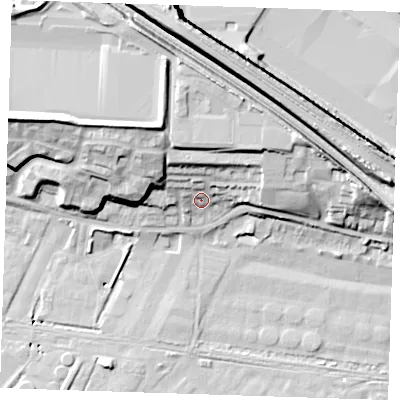 Shaded relief map of the ground around RM191RU, computed from Environment Agency LiDAR. The ground here sits at about 6 m above sea level and falls 23 m across the surrounding 800 m. Surface water reaching this point runs off ground lying to the north-north-west, 9.6 m higher.