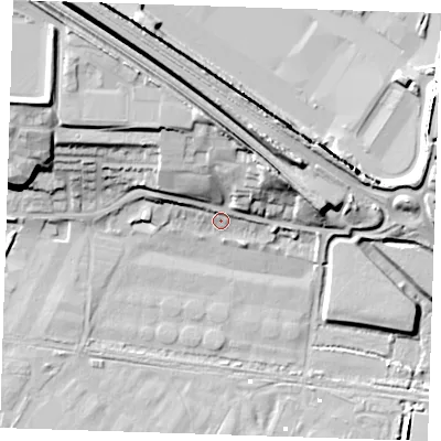 Shaded relief map of the ground around RM191SA, computed from Environment Agency LiDAR. The ground here sits at about 4 m above sea level and falls 22 m across the surrounding 800 m. Surface water reaching this point runs off ground lying to the north, 14.9 m higher.