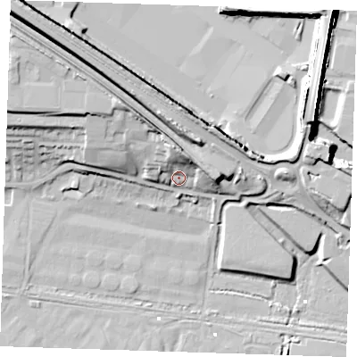 Shaded relief map of the ground around RM191SB, computed from Environment Agency LiDAR. The ground here sits at about 7 m above sea level and falls 24 m across the surrounding 800 m. Surface water reaching this point runs off ground lying to the north, 11.6 m higher.