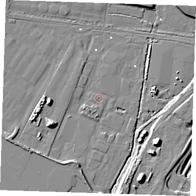 Shaded relief map of the ground around RM191SD, computed from Environment Agency LiDAR. The ground here sits at about 1 m above sea level and falls 23 m across the surrounding 800 m. Surface water reaching this point runs off ground lying to the south-south-west, 4.6 m higher.