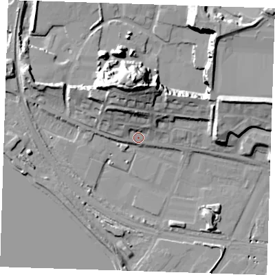 Shaded relief map of the ground around RM191SL, computed from Environment Agency LiDAR. The ground here sits at about 4 m above sea level and falls 29 m across the surrounding 800 m. Surface water reaching this point runs off ground lying to the north, 10.6 m higher.