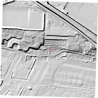 Shaded relief map of the ground around RM191SP, computed from Environment Agency LiDAR. The ground here sits at about 6 m above sea level and falls 23 m across the surrounding 800 m. Surface water reaching this point runs off ground lying to the north-west, 12.4 m higher.
