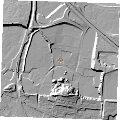Shaded relief map of the ground around RM191SR, computed from Environment Agency LiDAR. The ground here sits at about 3 m above sea level and falls 28 m across the surrounding 800 m. Surface water reaching this point runs off ground lying to the south-west, 4.6 m higher.
