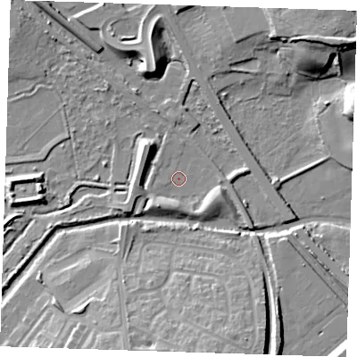 Shaded relief map of the ground around RM191SX, computed from Environment Agency LiDAR. The ground here sits at about 1 m above sea level and falls 18 m across the surrounding 800 m. Surface water reaching this point runs off ground lying to the south-west, 5.0 m higher.