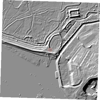 Shaded relief map of the ground around RM191SZ, computed from Environment Agency LiDAR. The ground here sits at about 4 m above sea level and falls 19 m across the surrounding 800 m. Surface water reaching this point runs off ground lying to the south, 3.0 m higher.
