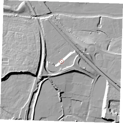 Shaded relief map of the ground around RM191TB, computed from Environment Agency LiDAR. The ground here sits at about 9 m above sea level and falls 21 m across the surrounding 800 m. Surface water reaching this point runs off ground lying to the south-west, 10.5 m higher.