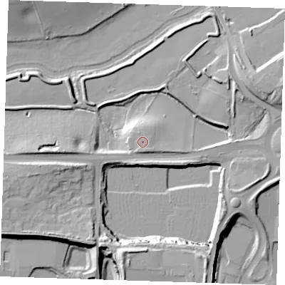 Shaded relief map of the ground around RM191TD, computed from Environment Agency LiDAR. The ground here sits at about 10 m above sea level and falls 20 m across the surrounding 800 m. Surface water reaching this point runs off ground lying to the south-east, 1.1 m higher.