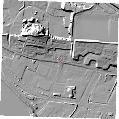 Shaded relief map of the ground around RM191TF, computed from Environment Agency LiDAR. The ground here sits at about 4 m above sea level and falls 29 m across the surrounding 800 m. Surface water reaching this point runs off ground lying to the north-north-east, 2.4 m higher.