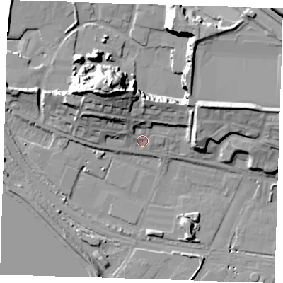 Shaded relief map of the ground around RM191TX, computed from Environment Agency LiDAR. The ground here sits at about 4 m above sea level and falls 29 m across the surrounding 800 m. Surface water reaching this point runs off ground lying to the north-north-west, 20.0 m higher.