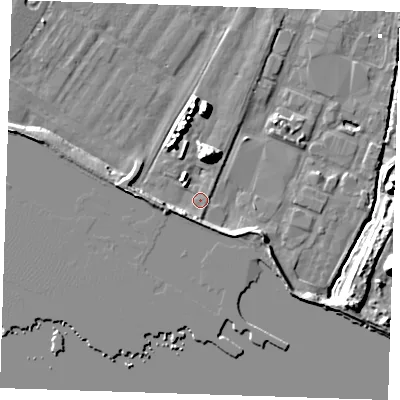 Shaded relief map of the ground around RM191UA, computed from Environment Agency LiDAR. The ground here sits at about 2 m above sea level and falls 17 m across the surrounding 800 m. Surface water reaching this point runs off ground lying to the north-north-east, 8.7 m higher.