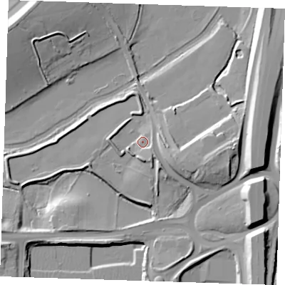 Shaded relief map of the ground around RM191YX, computed from Environment Agency LiDAR. The ground here sits at about 6 m above sea level and falls 17 m across the surrounding 800 m. Surface water reaching this point runs off ground lying to the south-east, 4.4 m higher.