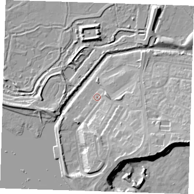 Shaded relief map of the ground around RM191ZU, computed from Environment Agency LiDAR. The ground here sits at about 4 m above sea level and falls 21 m across the surrounding 800 m. Surface water reaching this point runs off ground lying to the south-east, 16.8 m higher.