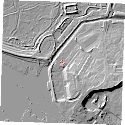 Shaded relief map of the ground around RM191ZX, computed from Environment Agency LiDAR. The ground here sits at about 4 m above sea level and falls 21 m across the surrounding 800 m. Surface water reaching this point runs off ground lying to the south-south-west, 2.7 m higher.