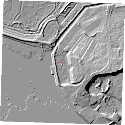 Shaded relief map of the ground around RM191ZY, computed from Environment Agency LiDAR. The ground here sits at about 5 m above sea level and falls 21 m across the surrounding 800 m. Surface water reaching this point runs off ground lying to the east-south-east, 12.5 m higher.
