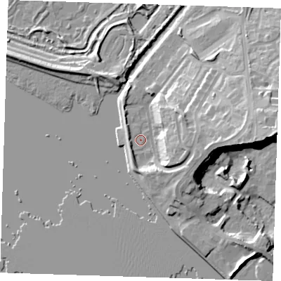 Shaded relief map of the ground around RM191ZZ, computed from Environment Agency LiDAR. The ground here sits at about 5 m above sea level and falls 21 m across the surrounding 800 m. Surface water reaching this point runs off ground lying to the east, 12.4 m higher.
