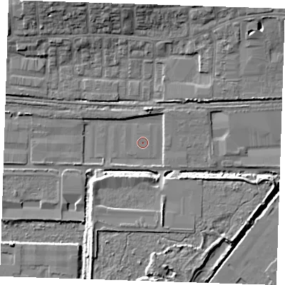 Shaded relief map of the ground around RM203AA, computed from Environment Agency LiDAR. The ground here sits at about 1 m above sea level and falls 11 m across the surrounding 800 m. Surface water reaching this point runs off ground lying to the east-north-east, 2.4 m higher.