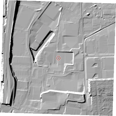 Shaded relief map of the ground around RM203AD, computed from Environment Agency LiDAR. The ground here sits at about 1 m above sea level and falls 25 m across the surrounding 800 m. Surface water reaching this point runs off ground lying to the south-east, 12.4 m higher.