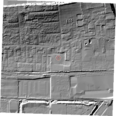 Shaded relief map of the ground around RM203AE, computed from Environment Agency LiDAR. The ground here sits at about 3 m above sea level and falls 22 m across the surrounding 800 m. Surface water reaching this point runs off ground lying to the north, 15.7 m higher.