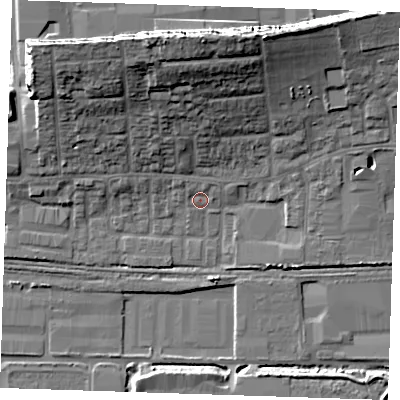 Shaded relief map of the ground around RM203AF, computed from Environment Agency LiDAR. The ground here sits at about 3 m above sea level and falls 22 m across the surrounding 800 m. Surface water reaching this point runs off ground lying to the north-west, 2.0 m higher.